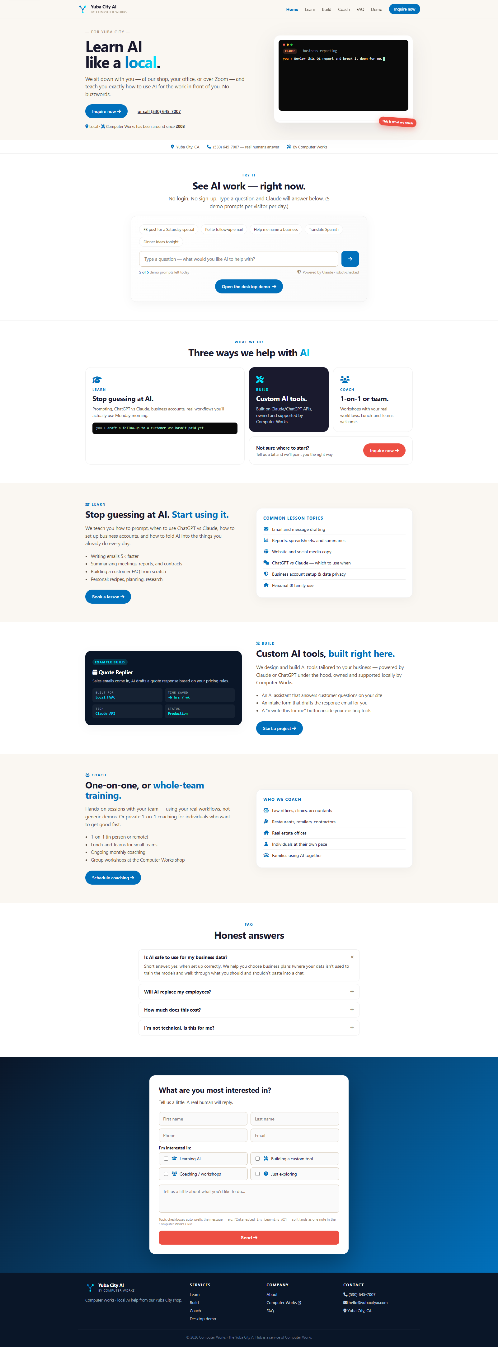 Full Yuba City AI homepage showing service sections, demo prompts, and conversion paths.
