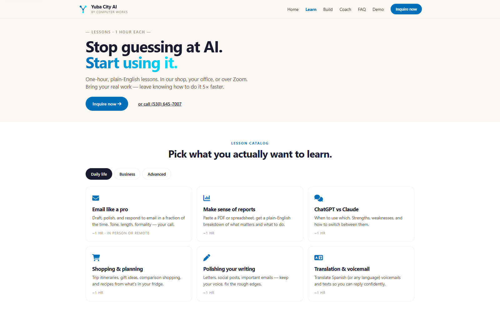 Yuba City AI learn page for AI lessons and practical training topics.