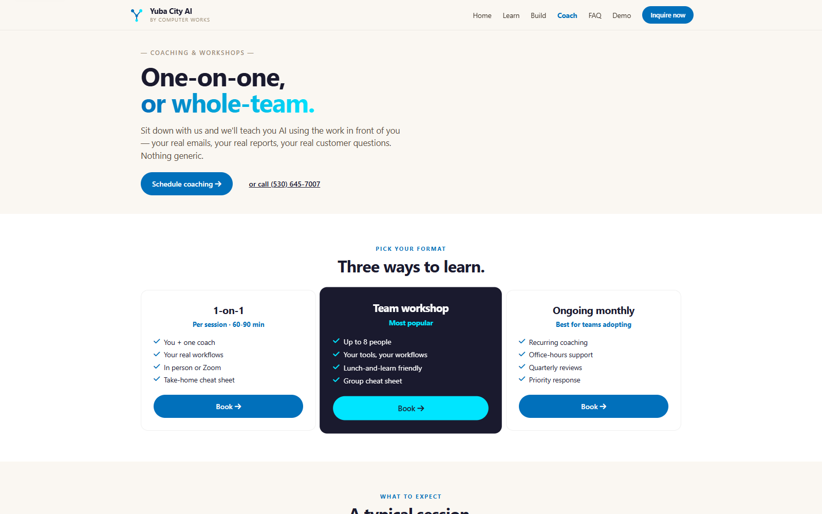Yuba City AI coaching page describing workshops and guided AI support.