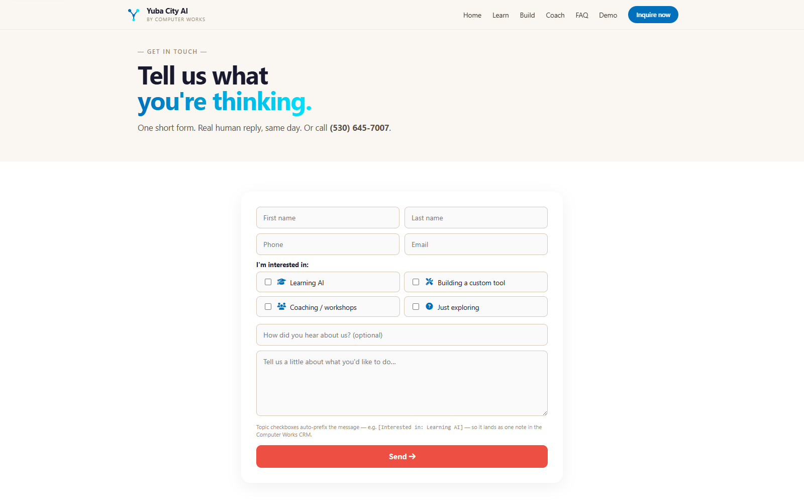 Yuba City AI contact page with lead form and request path.