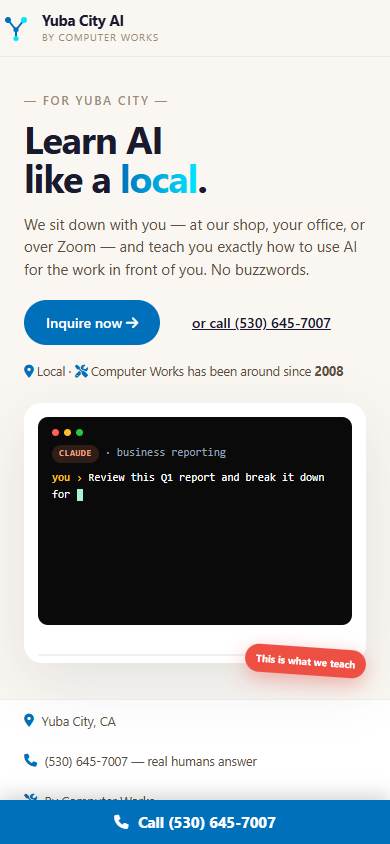 Mobile Yuba City AI homepage showing the responsive hero and demo entry point.