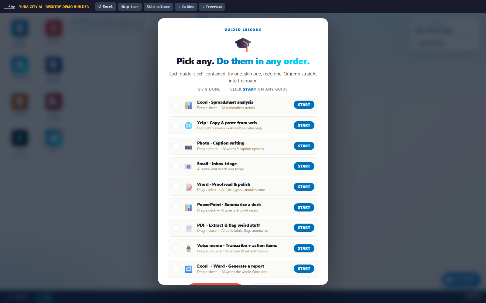 Yuba City AI desktop demo guide menu with lesson choices for common AI tasks.