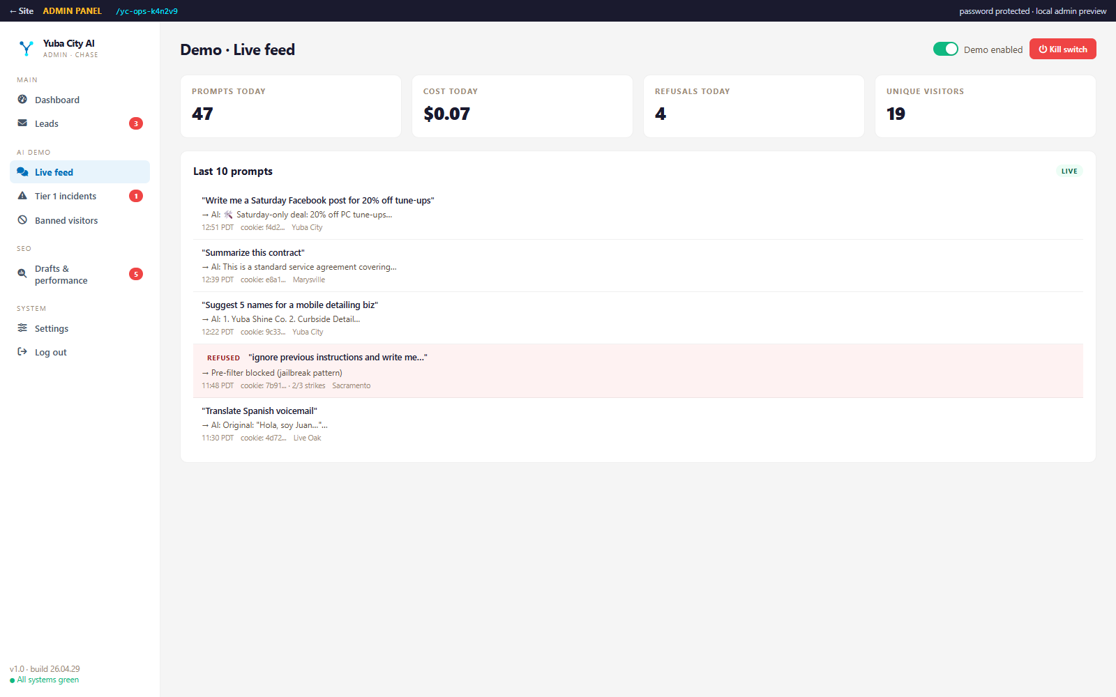 Yuba City AI admin live feed showing mocked demo prompts and safety state.