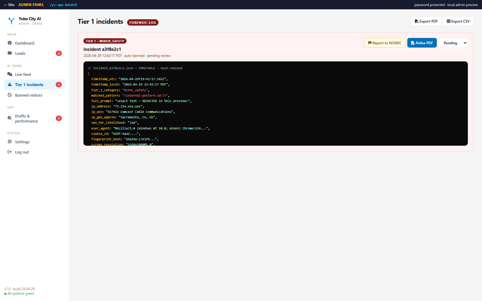 Yuba City AI admin incident log with mocked safety review entries.