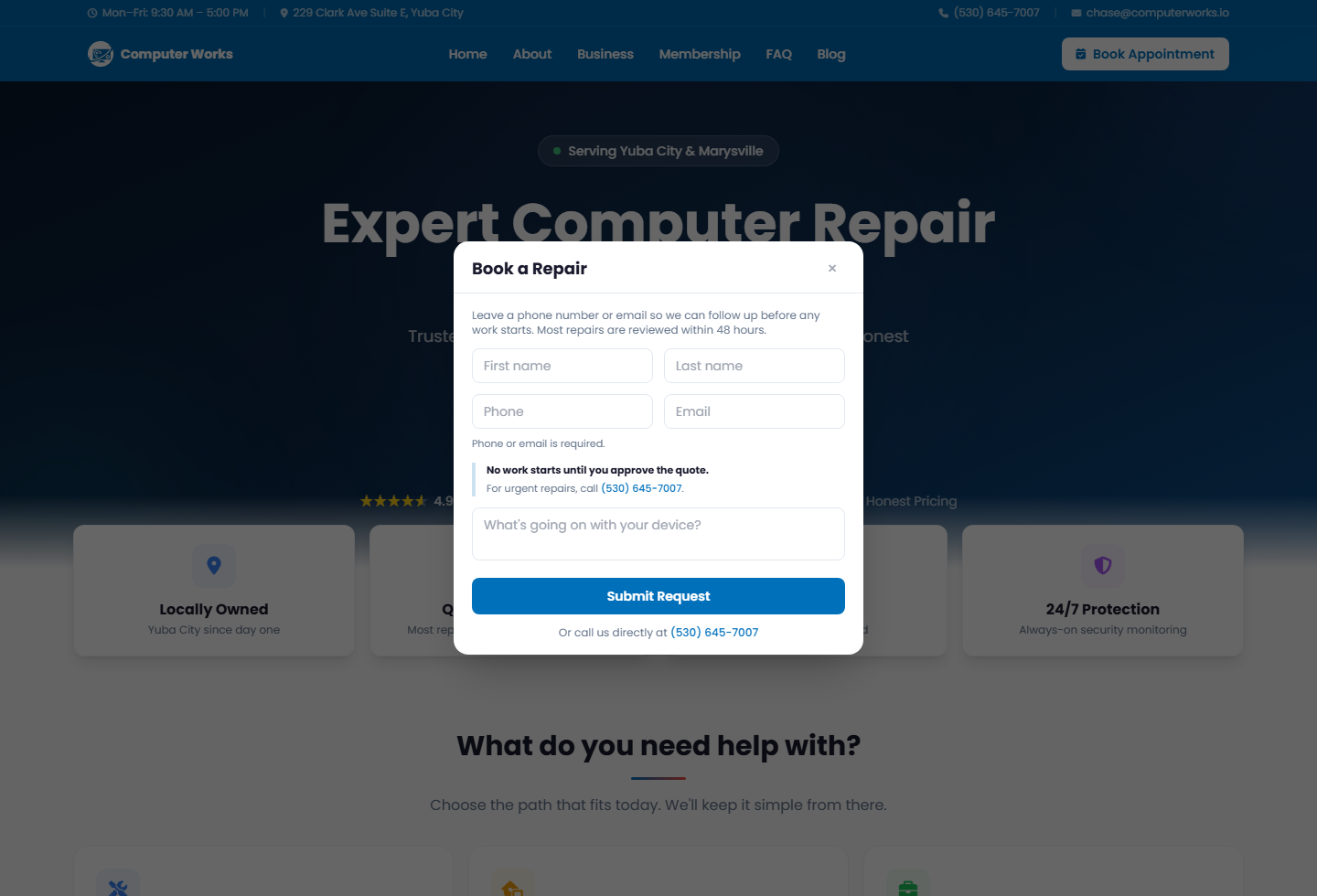 Computer Works front-facing booking request modal for customer lead capture.