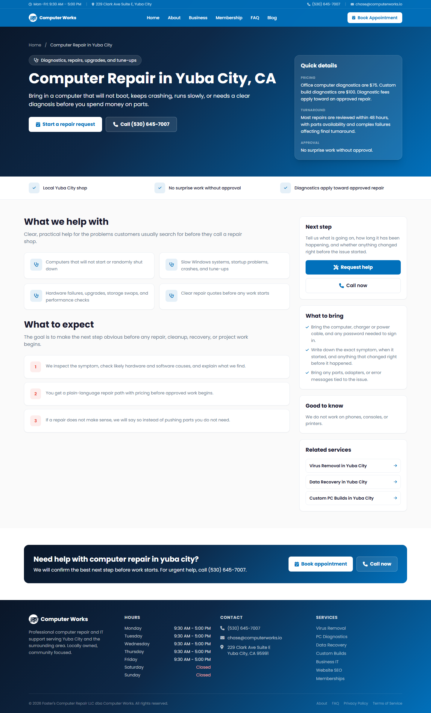 Computer Works computer repair service page with local SEO content and customer next steps.