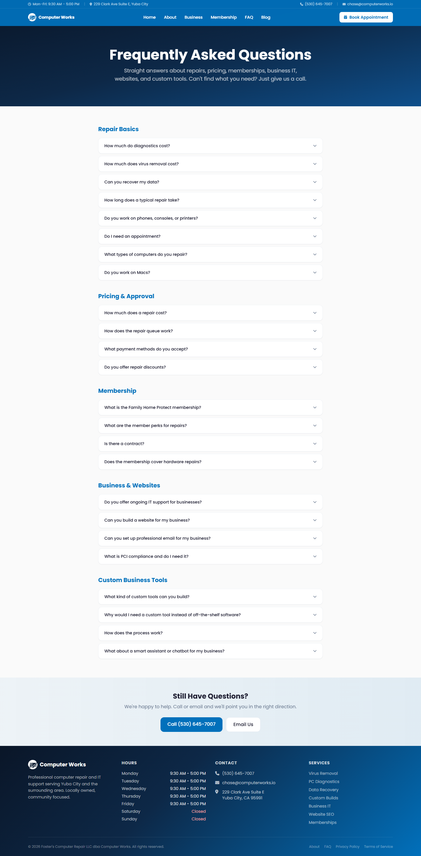 Computer Works FAQ page with customer decision answers.