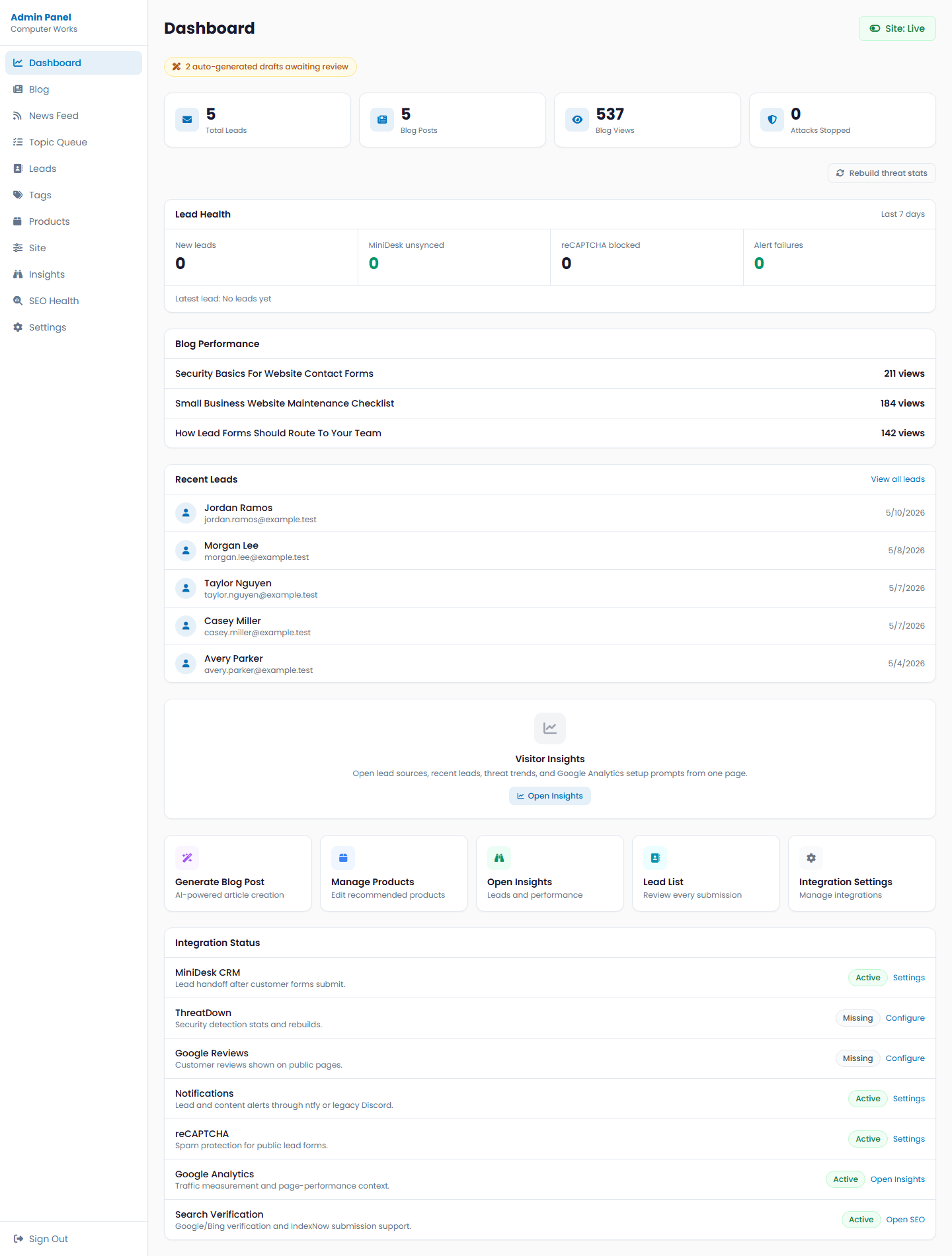 Mocked public-safe admin dashboard for the integrated business website platform.