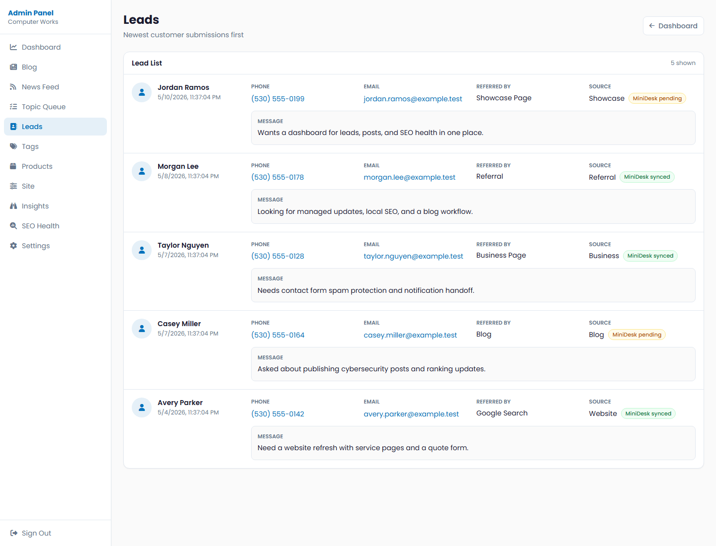 Mocked public-safe lead management screen with fake inquiry data.