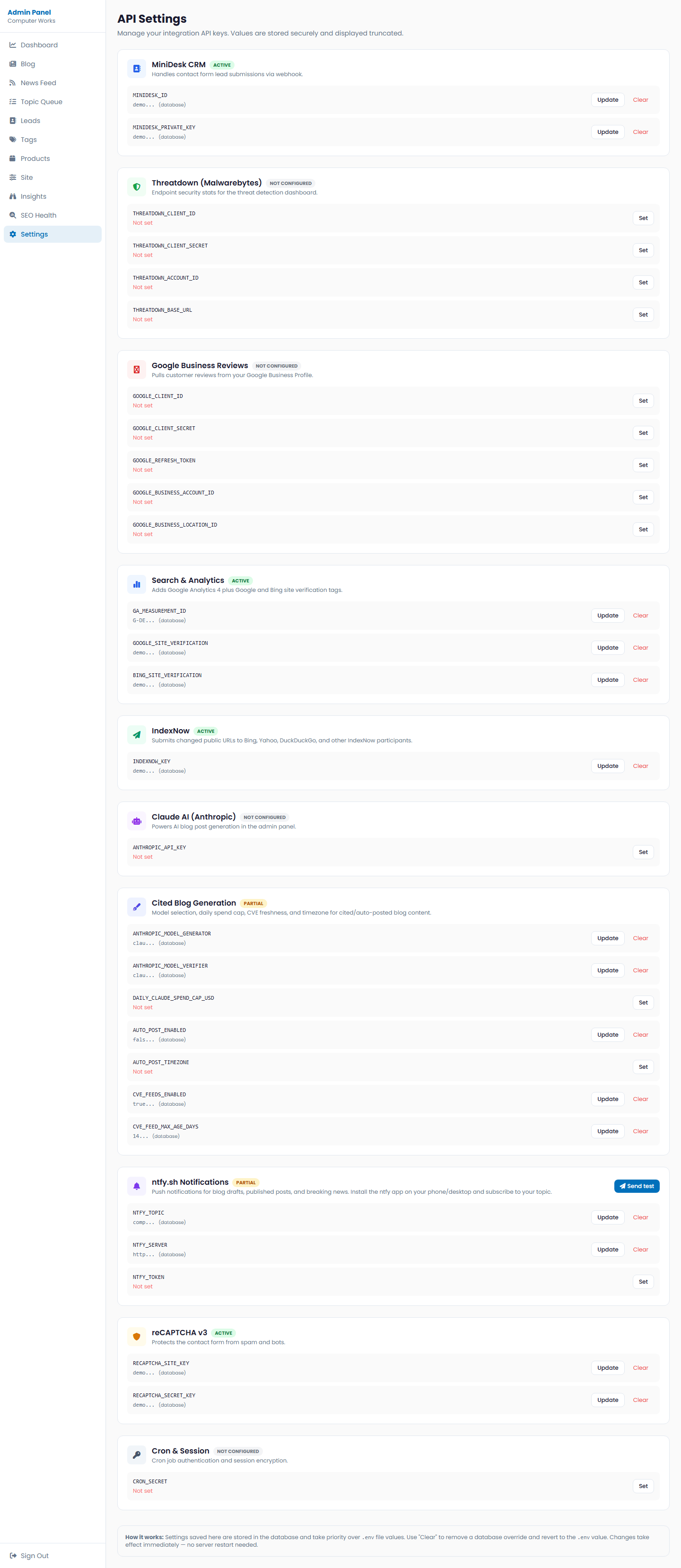 Mocked public-safe admin settings screen with fake platform configuration data.