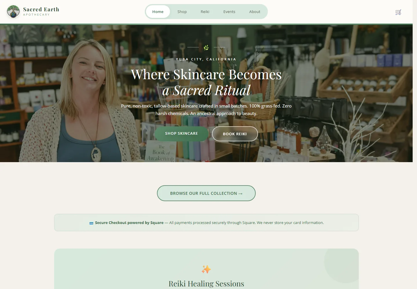 Sacred Earth Apothecary home page hero with navigation, brand message, and shop call to action on desktop.