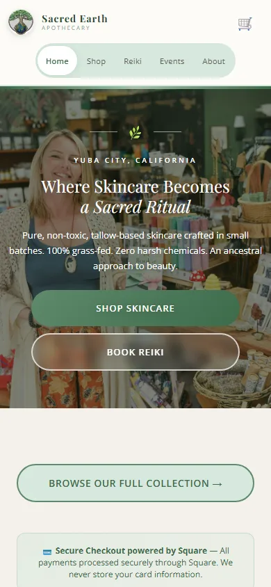 Sacred Earth Apothecary mobile home page hero with navigation, brand message, and shop call to action.