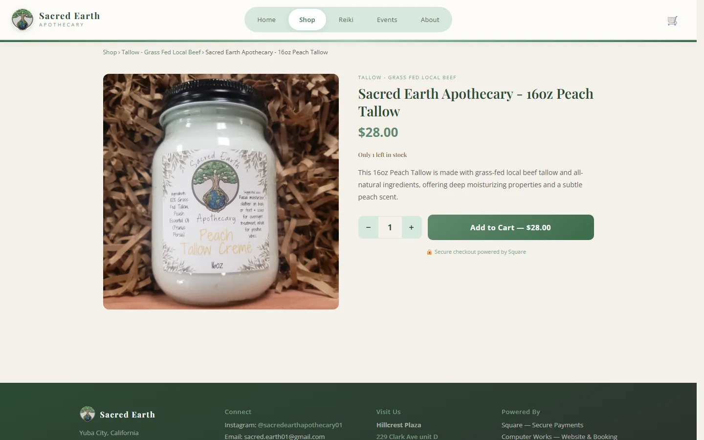 Sacred Earth Apothecary product detail page with product image, price, quantity controls, and add to cart button.