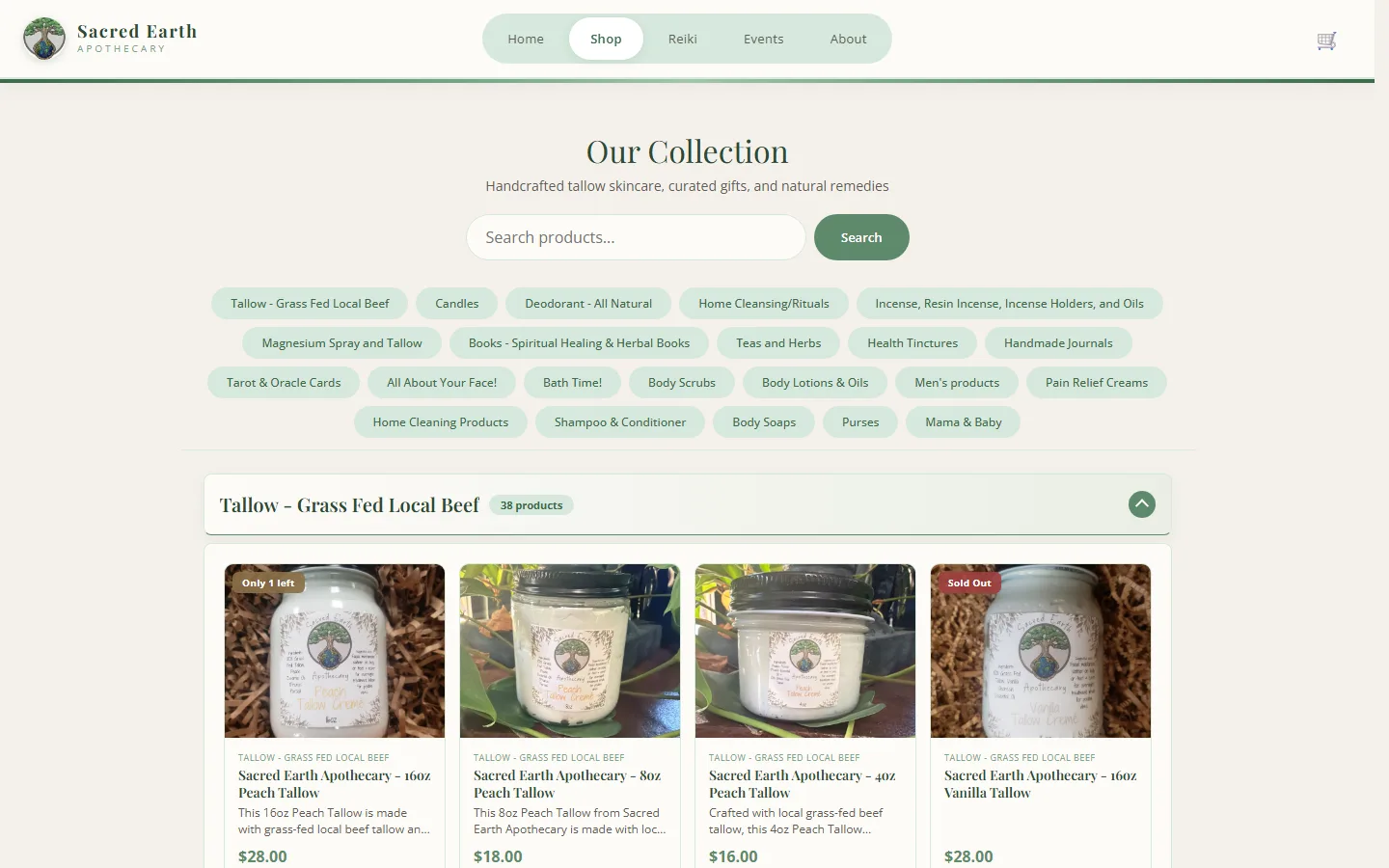 Sacred Earth Apothecary shop page showing product categories and a product grid on desktop.