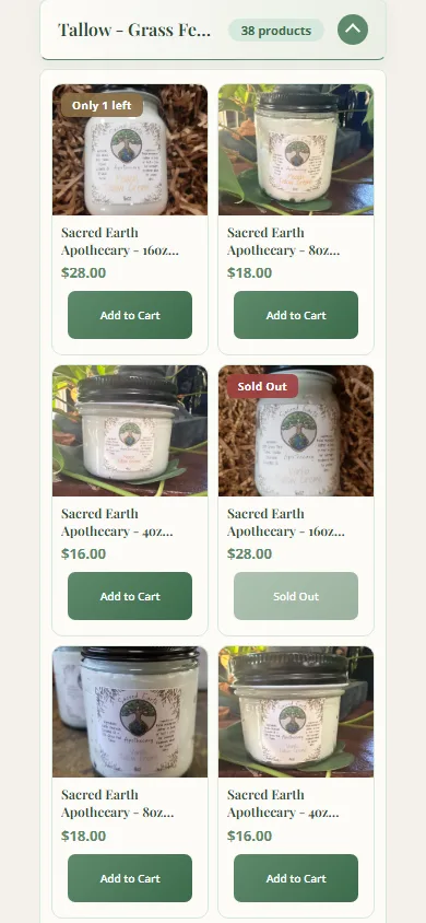 Sacred Earth Apothecary mobile shop page showing the expanded Tallow category and product cards.